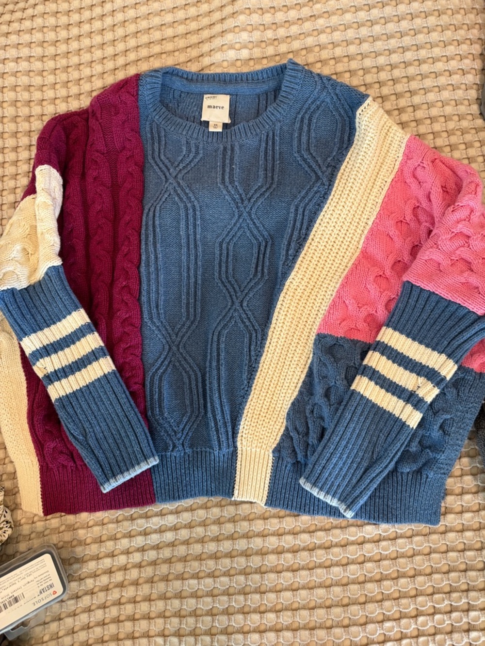 Anthropologie Colorblock Cable Crewneck Sweater - Blue, Pink, Cream, Burgundy